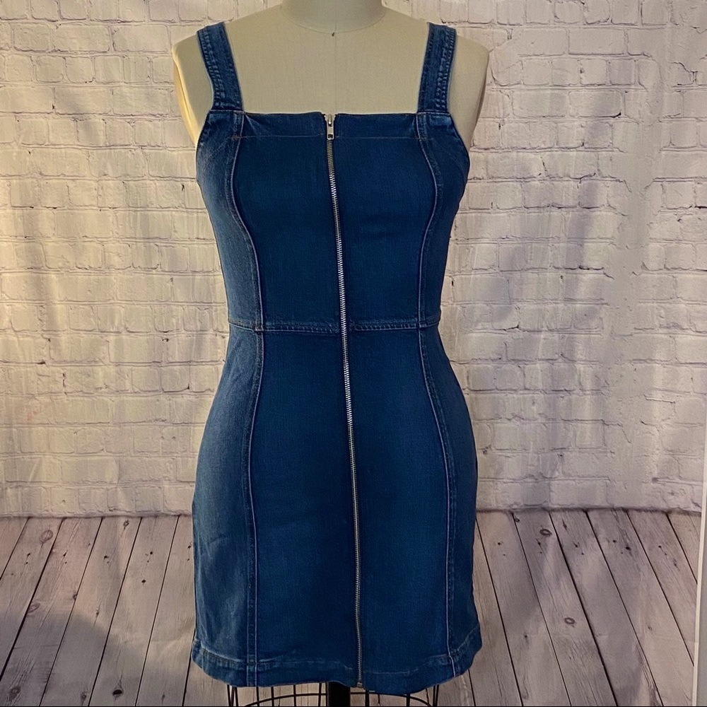 Reformation, front zip, denim mini dress
